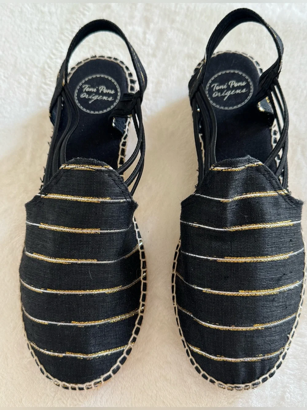 Toni Pons Nantes Black Metallic Stripe Espadrille Slingback Sandals EU 41/US 10